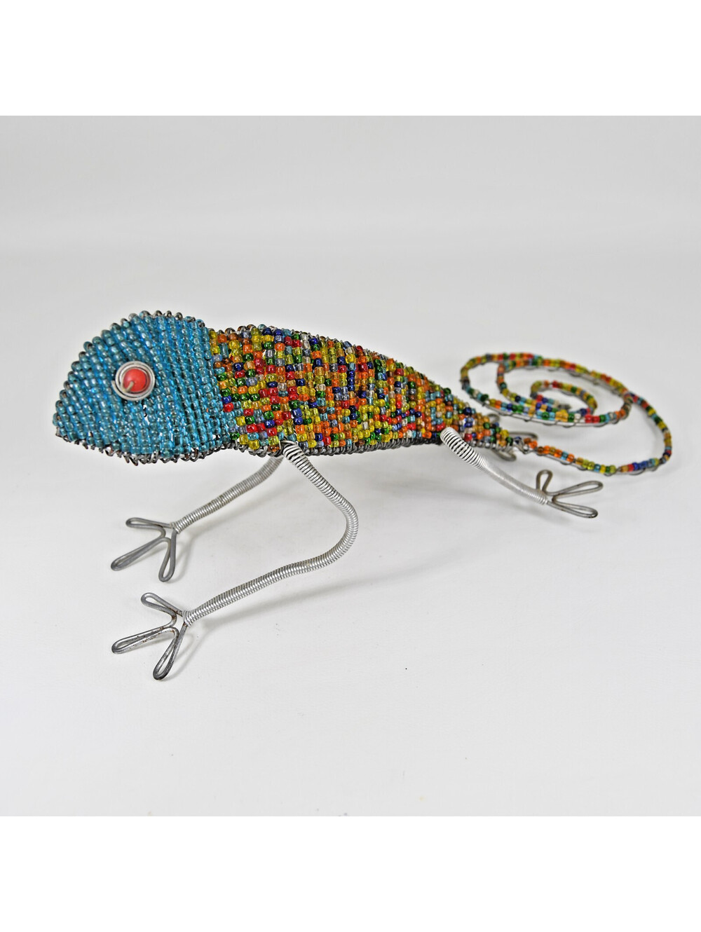BeadWorx GrassRoots Creations Chameleon Lizard Glass Bead Wire Sculpture Blue 9"